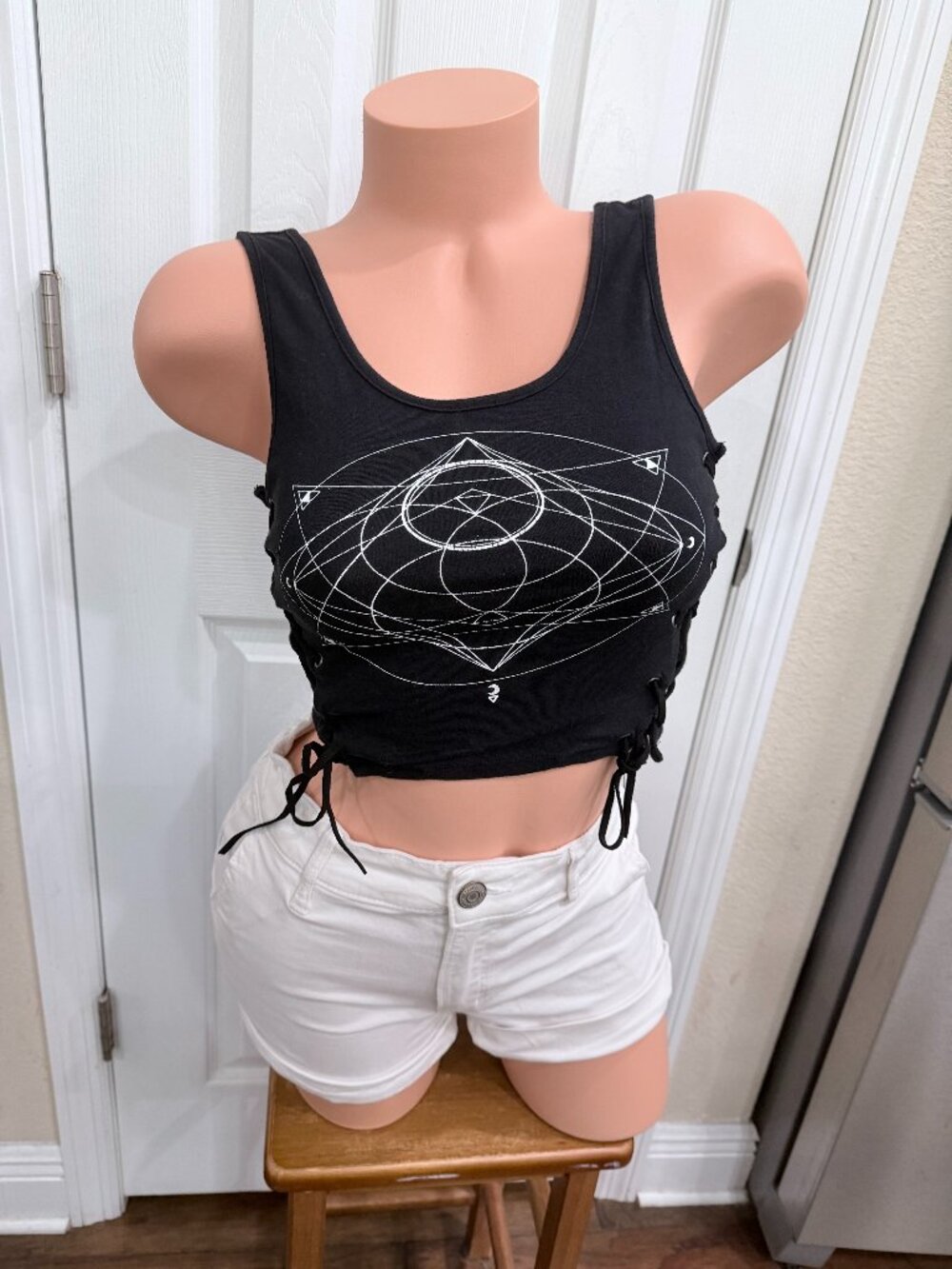 Kendall & Kylie S Black Celestial Lace Up Crop Tank Top Y2K Goth